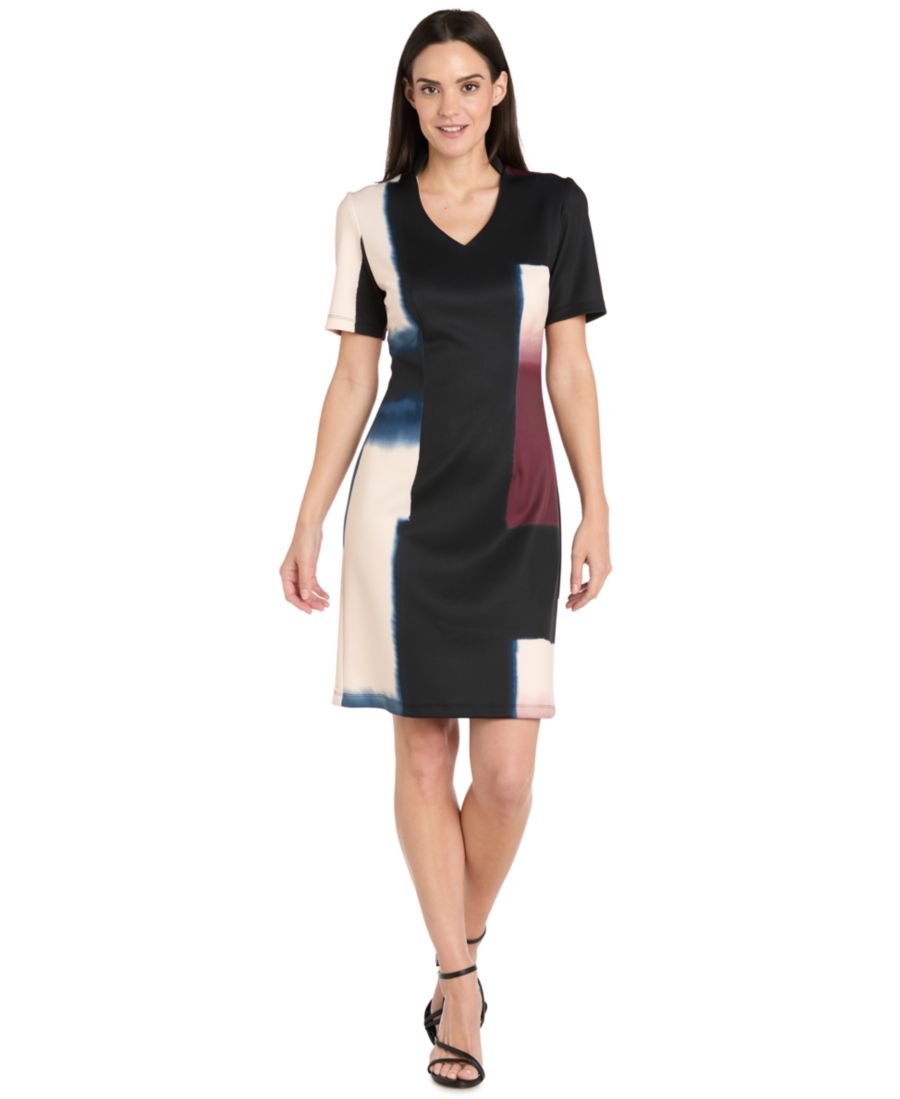 

Платье с V-образным вырезом и короткими рукавами для невысоких девушек R & M Richards, Black Multi