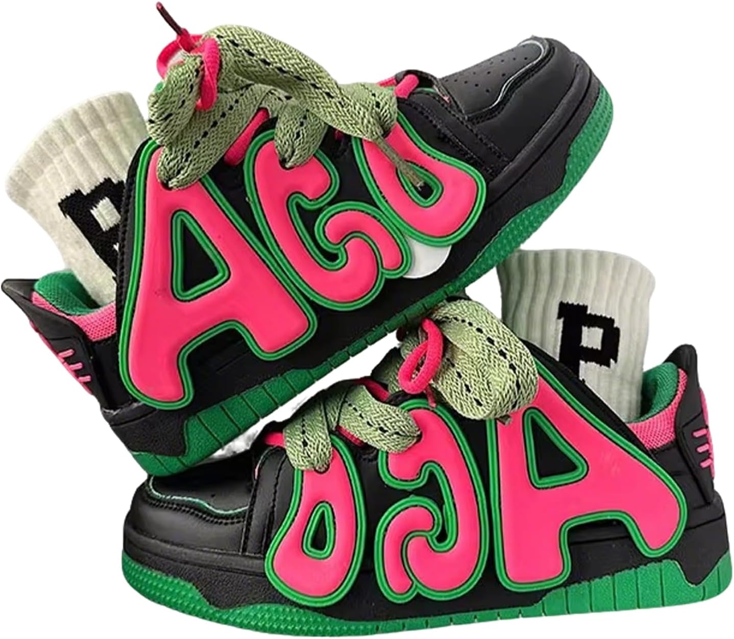 

Кроссовки на платформе ZQW Chunky унисекс для женщин и мужчин, шнуровка, дизайн с буквами, неоновый контрастный цвет, объемная форма, кеды для скейтборда и повседневной носки, черный/зеленый