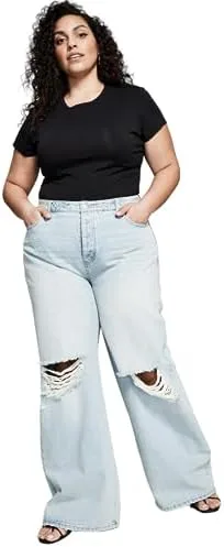 

Модные джинсы plus size с потертостями и широкими штанинами And Now This