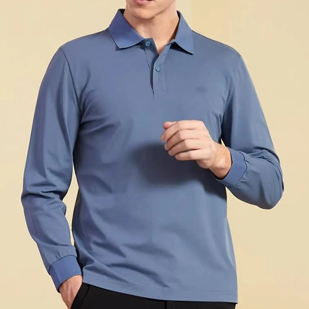 Однотонная повседневная мужская футболка с отложным воротником, осенне-зимняя рубашка-поло с длинным рукавом, для тенниса — фото 3