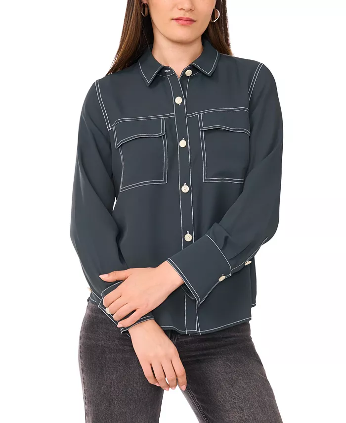 

Женский топ с контрастной строчкой, пуговицами спереди и воротником Vince Camuto, зеленый