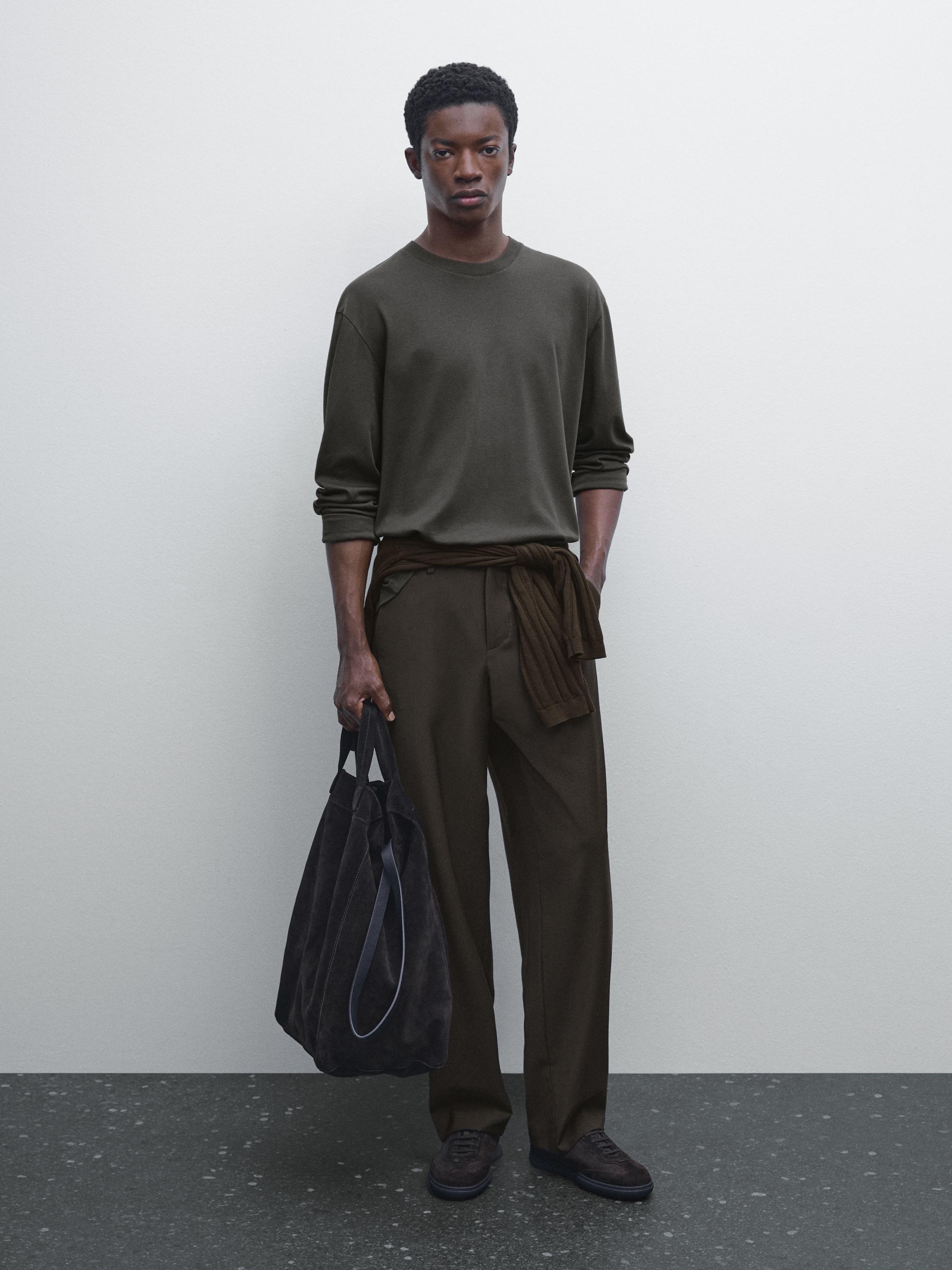 

Футболка с длинным рукавом из хлопка средней плотности Massimo Dutti, хаки