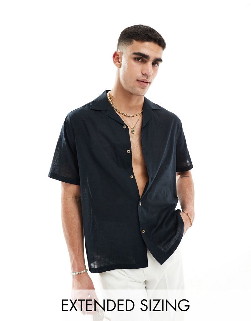

Черная льняная рубашка свободного кроя с глубоким воротником ASOS DESIGN