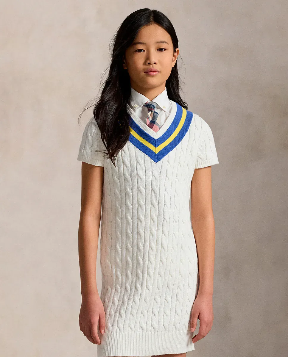 Детское платье из хлопка с узором "елочка" Polo Ralph Lauren, Blanco Roto — фото 2