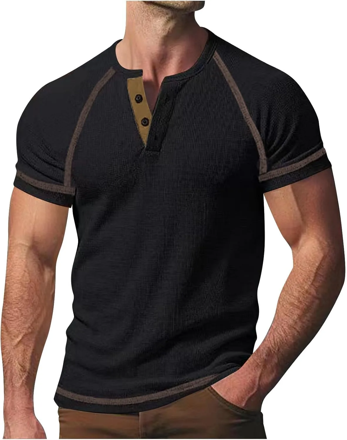 

Мужская однотонная футболка хенли с коротким рукавом реглан