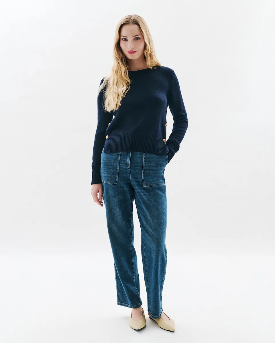 

Женский джемпер с вырезом лодочкой и контрастными пуговицами Caroll, темно-синий