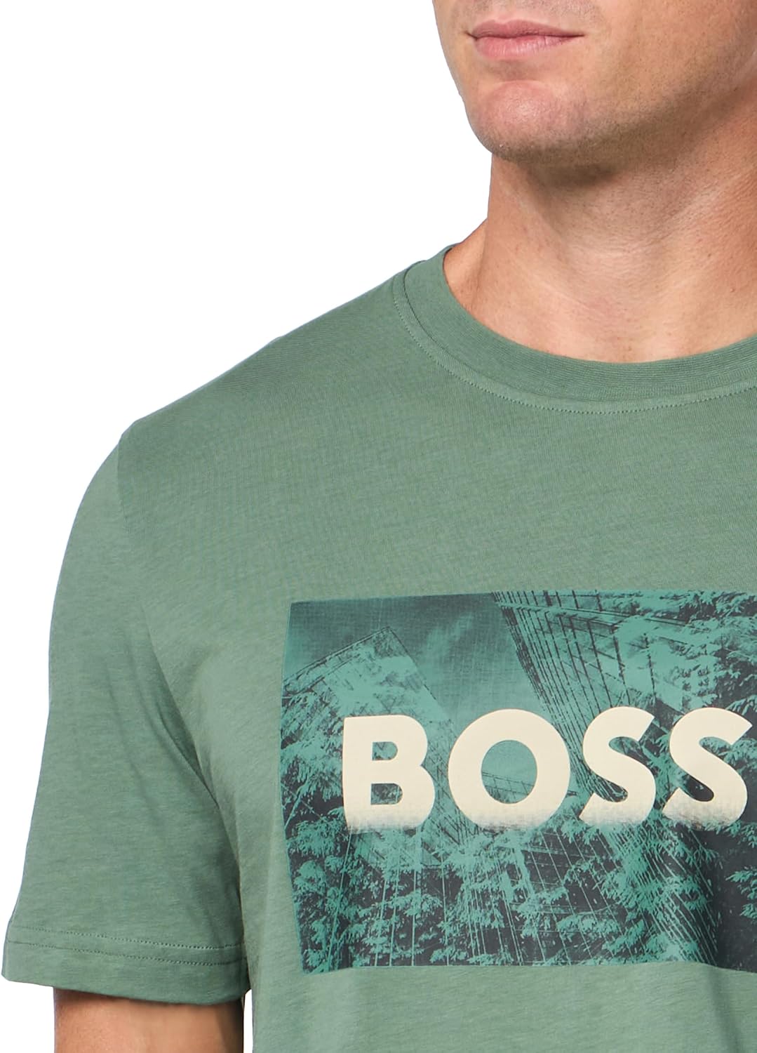 Футболка BOSS Mens с большим логотипом и городским пейзажем из хлопка, Spinach Green — фото 3