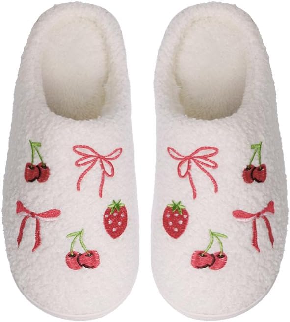 

Тапочки для женщин и мужчин, милые домашние тапочки с плюшевой флисовой подкладкой, теплые домашние обувь на мягкой подошве Cwodor, Bow Strawberry