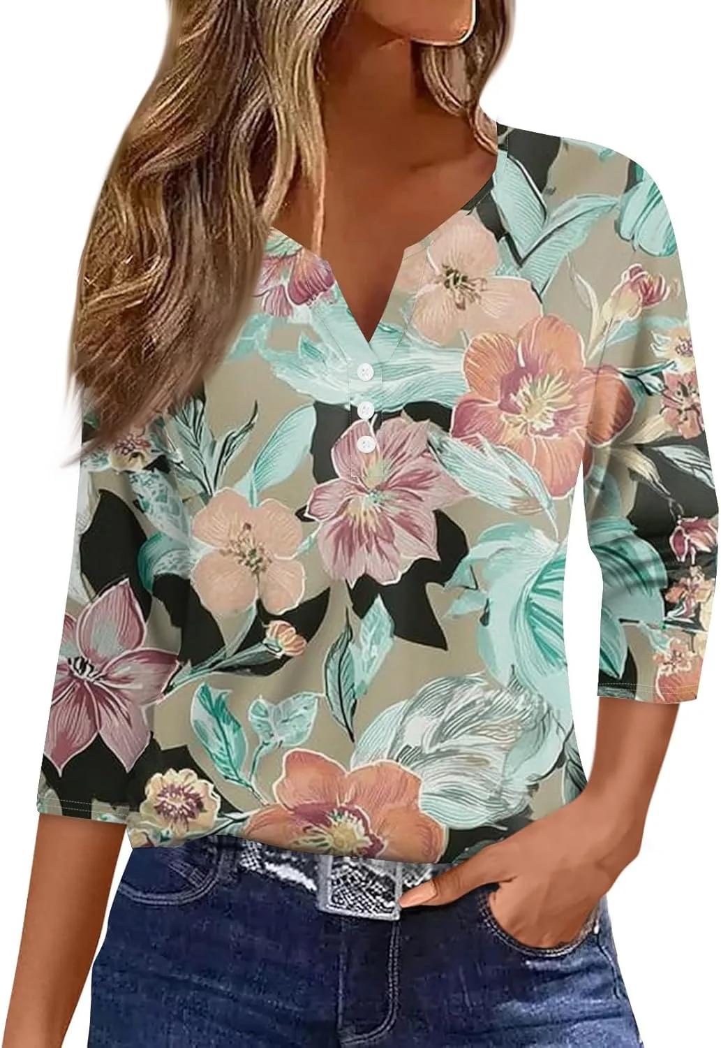 

Женская блузка с 3/4 рукавом и V-образным вырезом