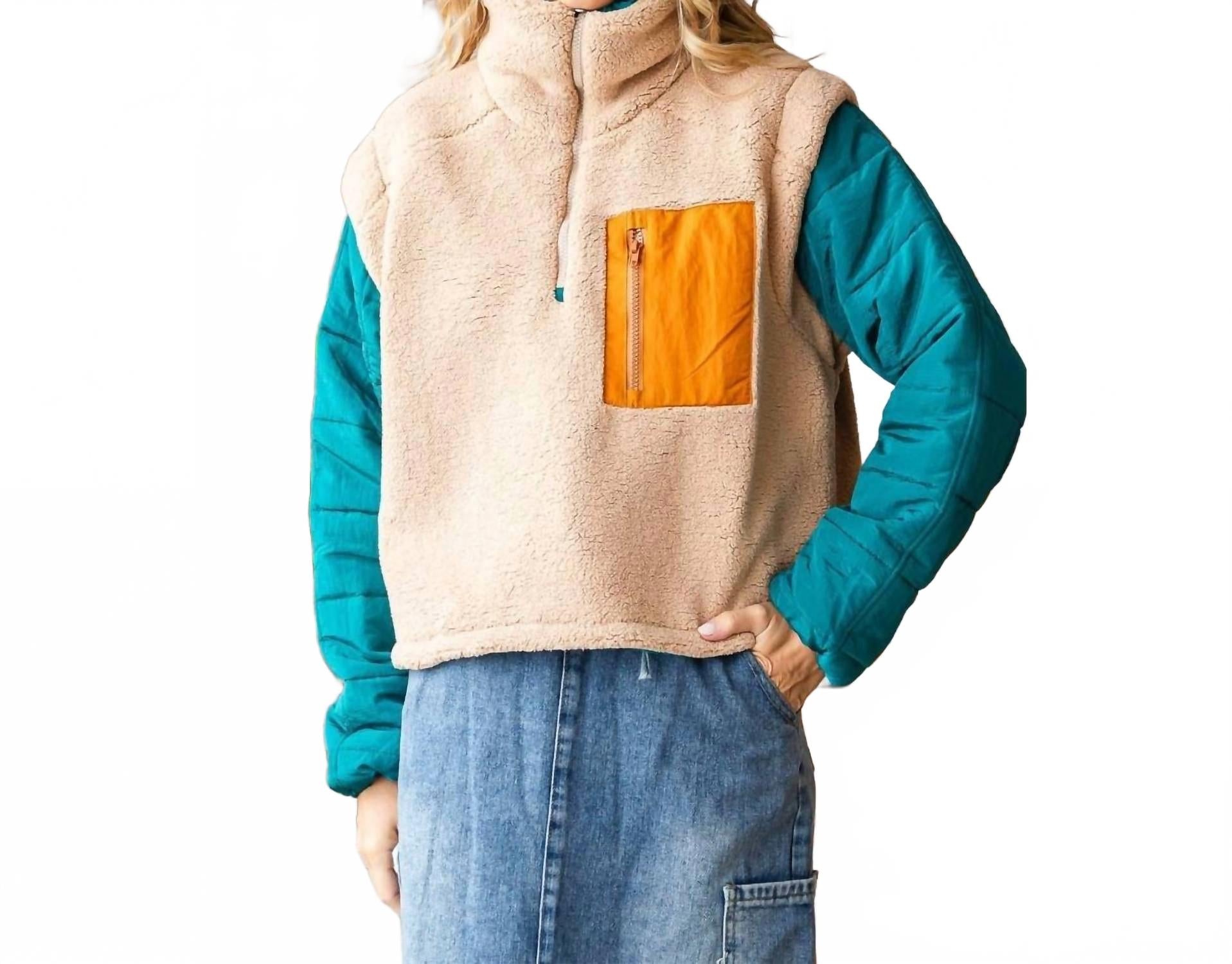 

Fleece Puffer Sleeve Pullover Top In Beige Veveret