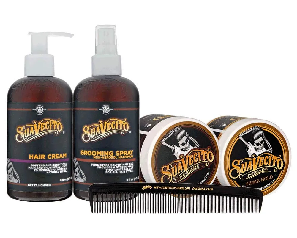 Мужской набор для ухода за волосами Suavecito из 5 предметов: оригинальная помада для волос с сильной фиксацией и средним блеском, крем для волос и спрей для укладки, большая расческа класса люкс. — фото 3