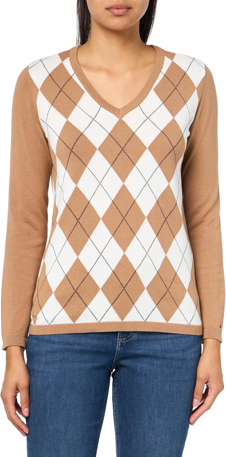 

Женский хлопковый свитер Tommy Hilfiger Ivy Argyle с V-образным вырезом, Brown Sugar Multi