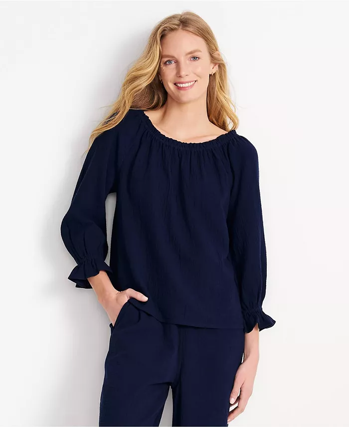 

Женская блузка из газовой ткани с рукавами 3/4, с открытыми или открытыми плечами Lands' End, синий