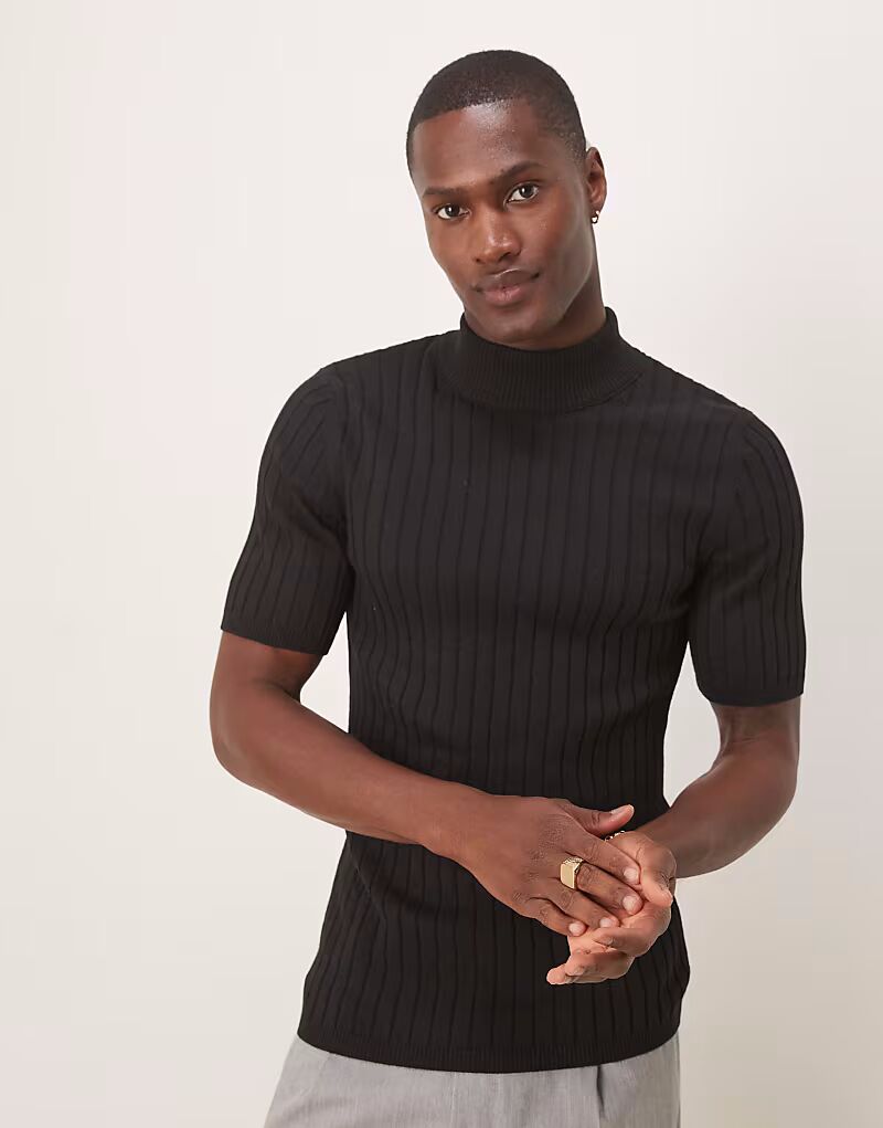 

Футболка ASOS DESIGN muscle fit из трикотажной рубчатой ​​ткани с высоким воротом черного цвета