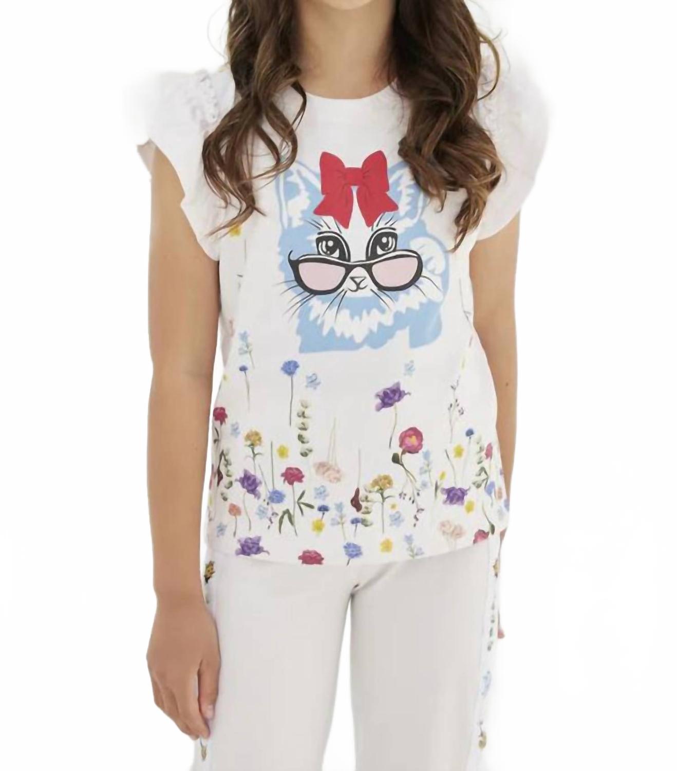 

Белая разноцветная блузка с цветочным принтом и кошками Sasha+Z