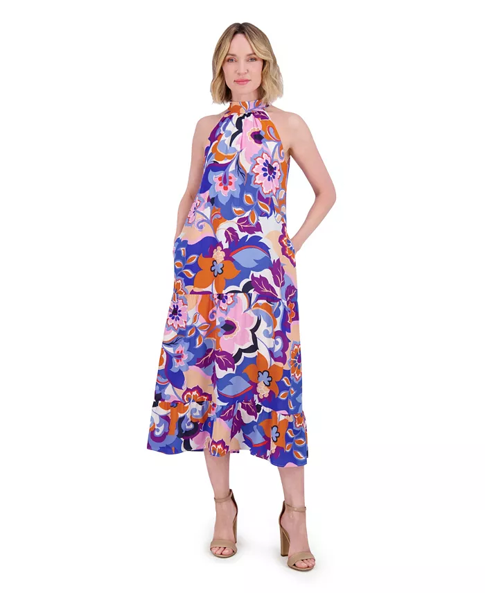 

Женское платье-миди с принтом и бретельками через шею Eliza J