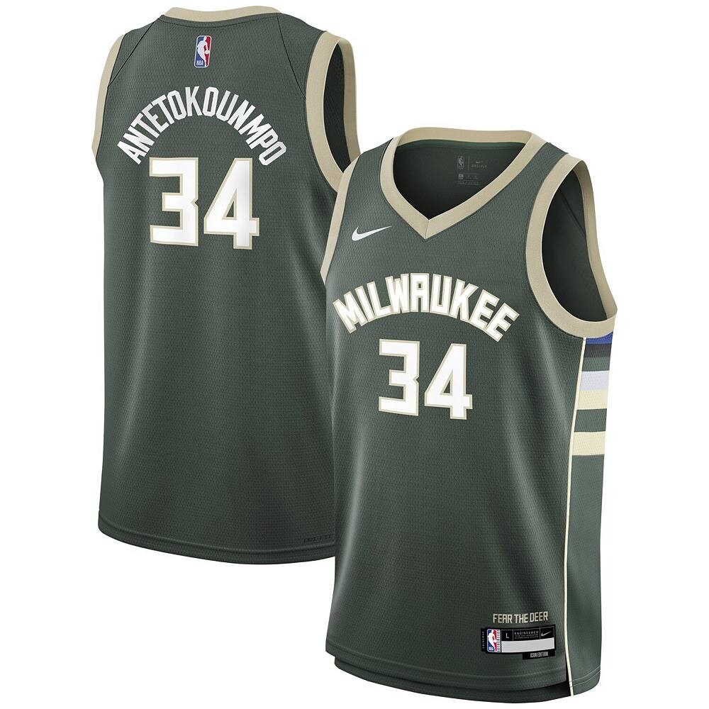 Молодежная майка Nike Giannis Antetokounmpo Hunter Green Milwaukee Bucks Swingman — Icon Edition, цвет Buk Multi — фото 2