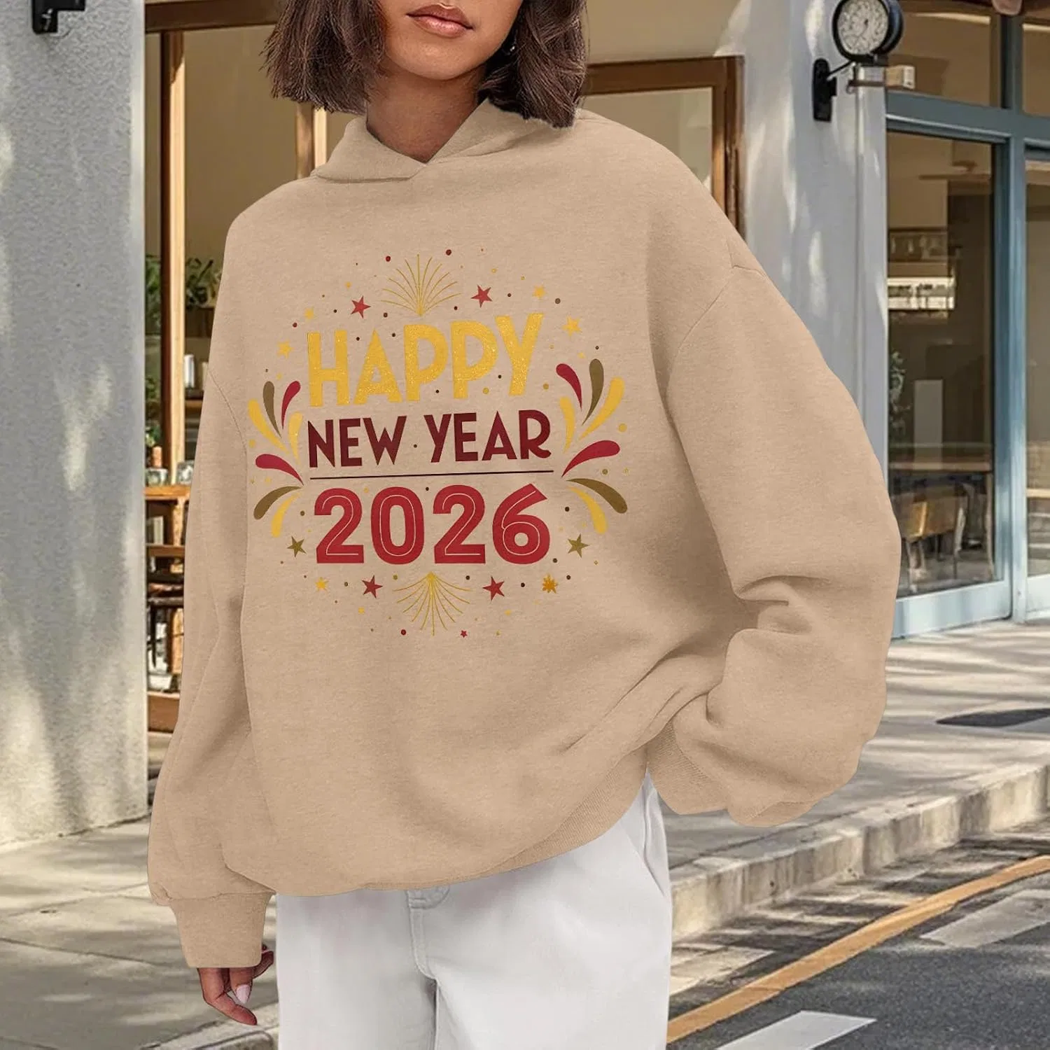 Худи женское оверсайз с принтом Happy New Year 2026, полиэстер, хаки — фото 3