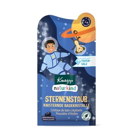 

Naturkind Crackle Bath Crystals Stardust — Детская ванночка с уникальной глубокой солью из соляного раствора Луизенхолла — с ароматом голубой воды и черной смородины, 60 г, Kneipp