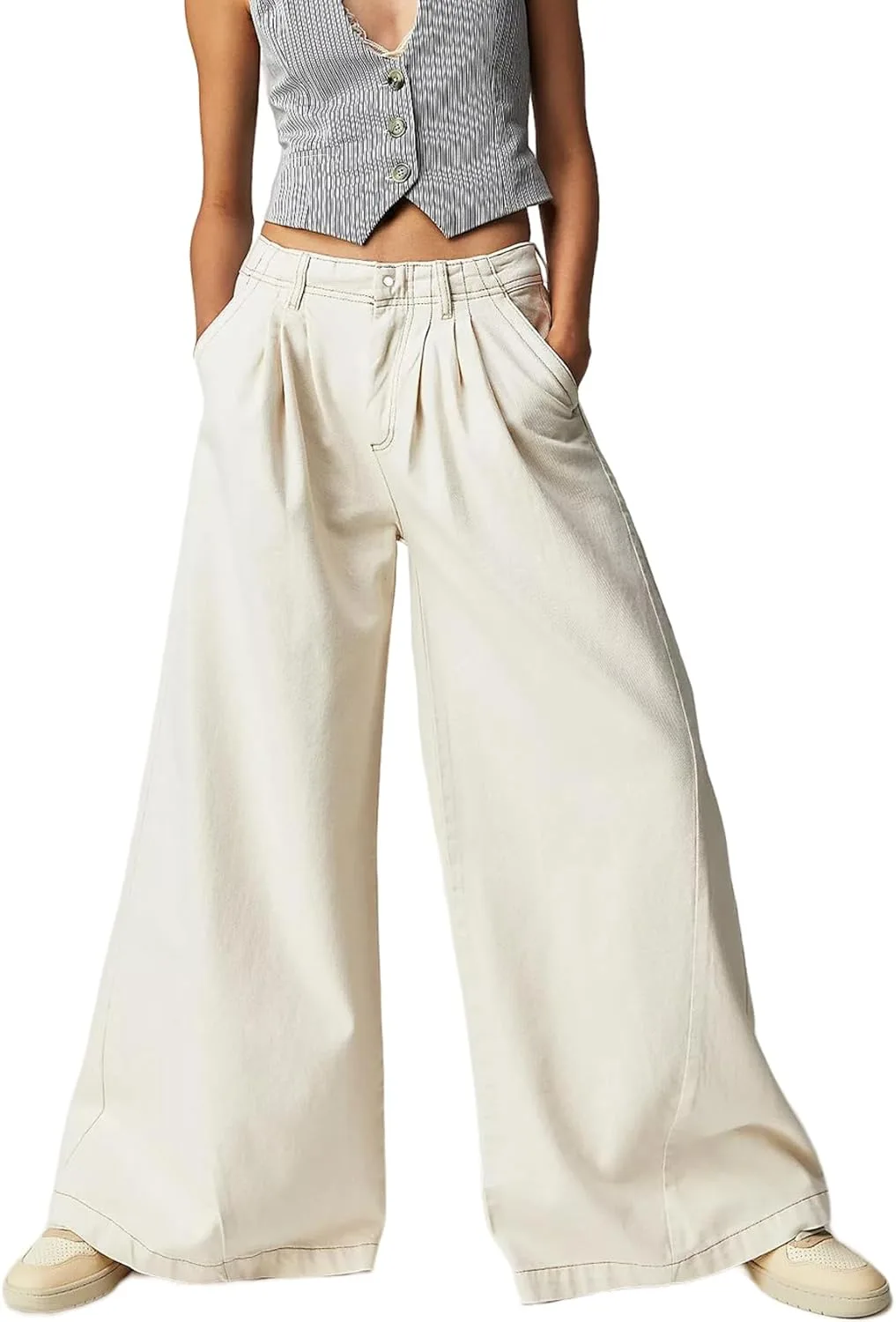 

Perbai женские низкие джинсы с широкими штанинами и складками спереди