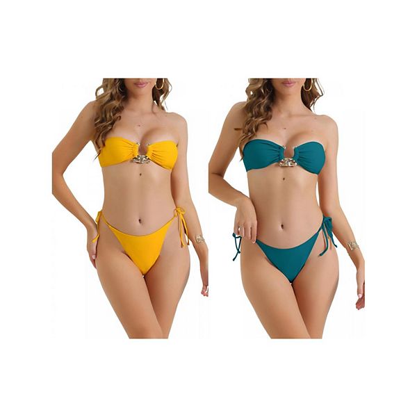

2 комплекта женского металлического колье бандо бикини, 2 предмета с завязками по бокам и высоким вырезом Inspire Chic, Teal Yellow