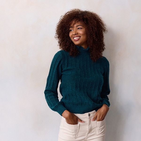 

Свитер с воротником-рюшей Petite Lc Lauren Conrad, Teal Heather