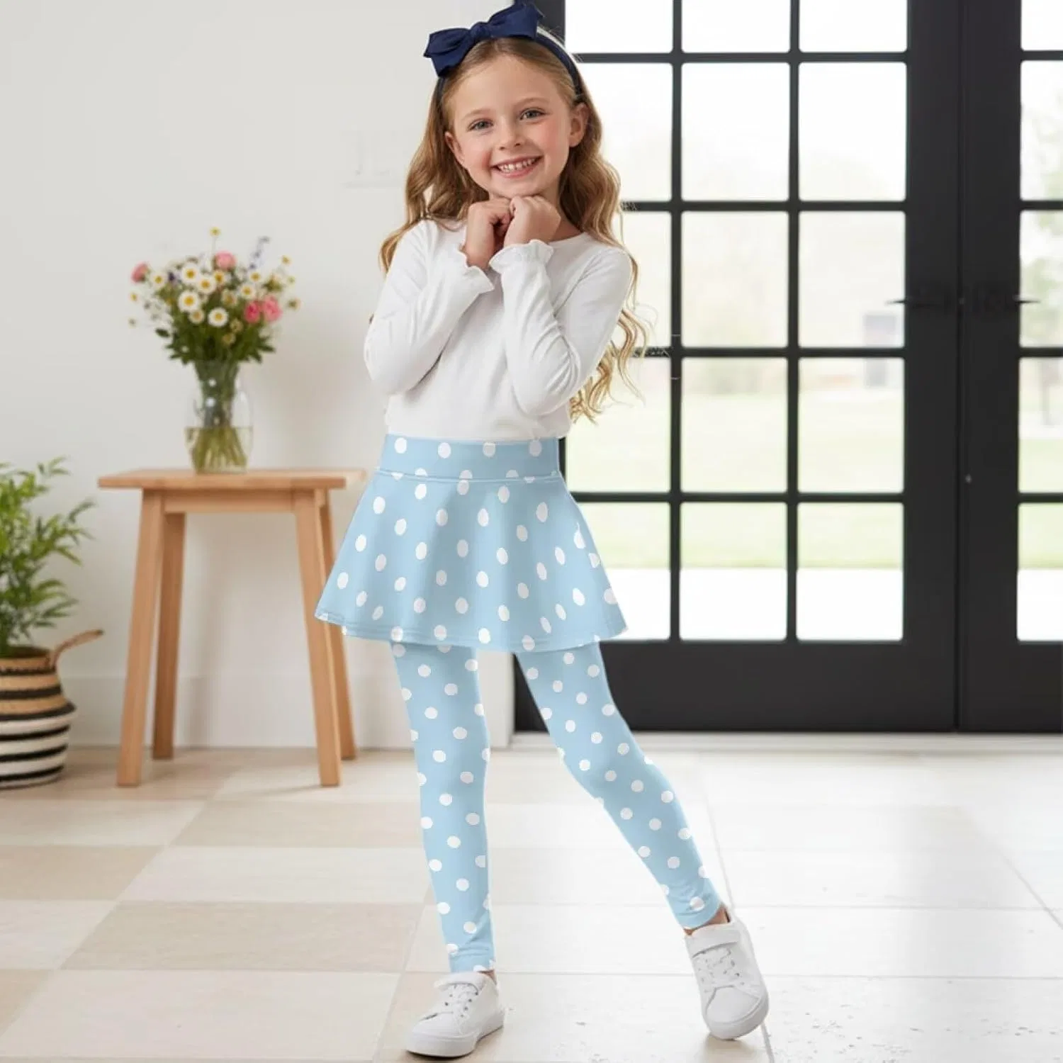 Леггинсы с юбкой для девочек Hresuewn, 2-в-1, White Polka Dot-blue — фото 4