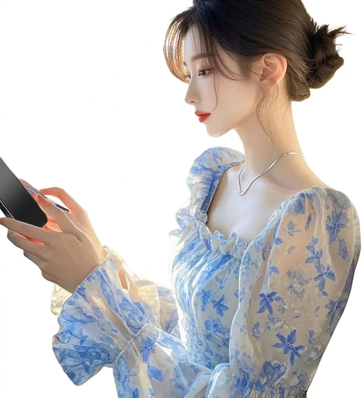 Блуза с цветочным принтом, скquare neck, из коллекции, синяя