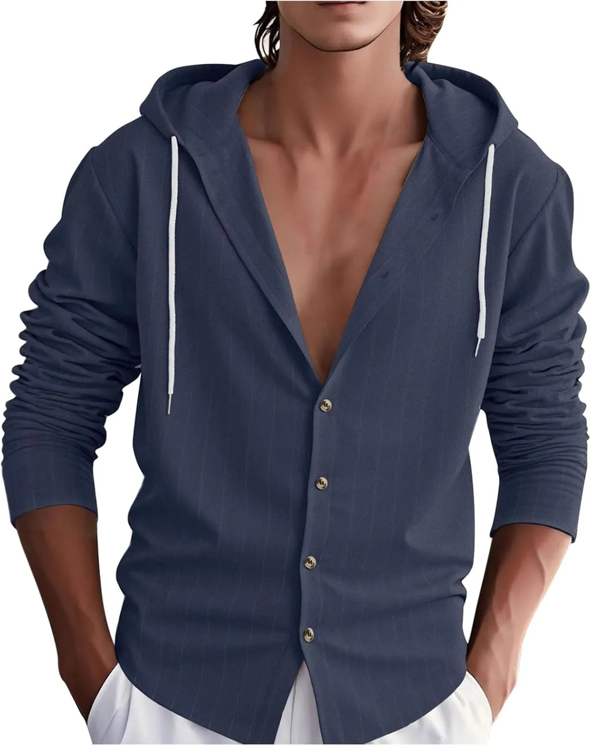 

Мужская вертикальная полоска хлопок лен пуговица длинный рукав рубашка casual slim fit легкая худи кардиган