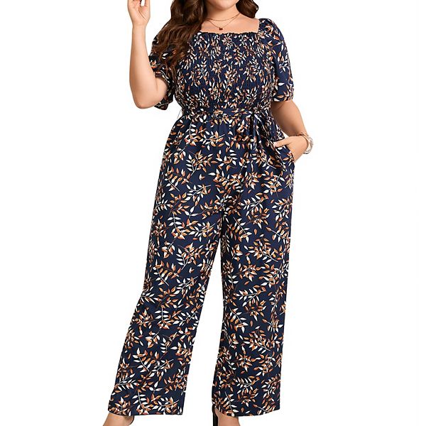 

Женский джемпер oversize с широкими штанинами, летний, с квадратным вырезом и завязкой на талии Clearflower, Navy Floral