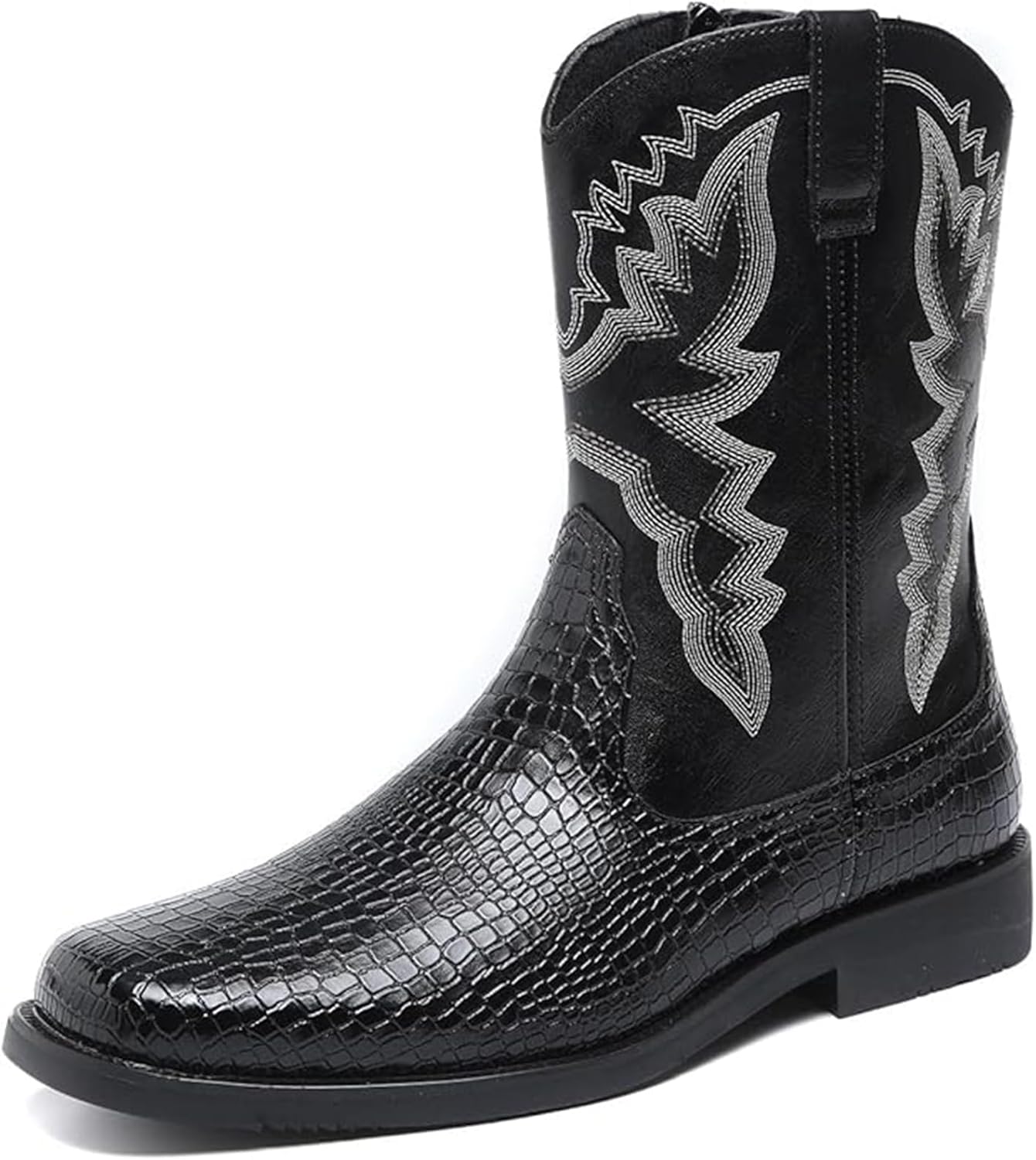 

Мужские классические ковбойские сапоги Crocodile Western с боковой молнией, средней длины, серебряной строчкой, квадратным носком, из кожи Xinduoyu