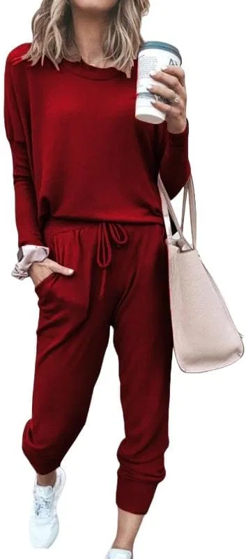 Женский спортивный костюм Summer Lounge Sets, длинный рукав, эластичный пояс, завязки, брюки, Red