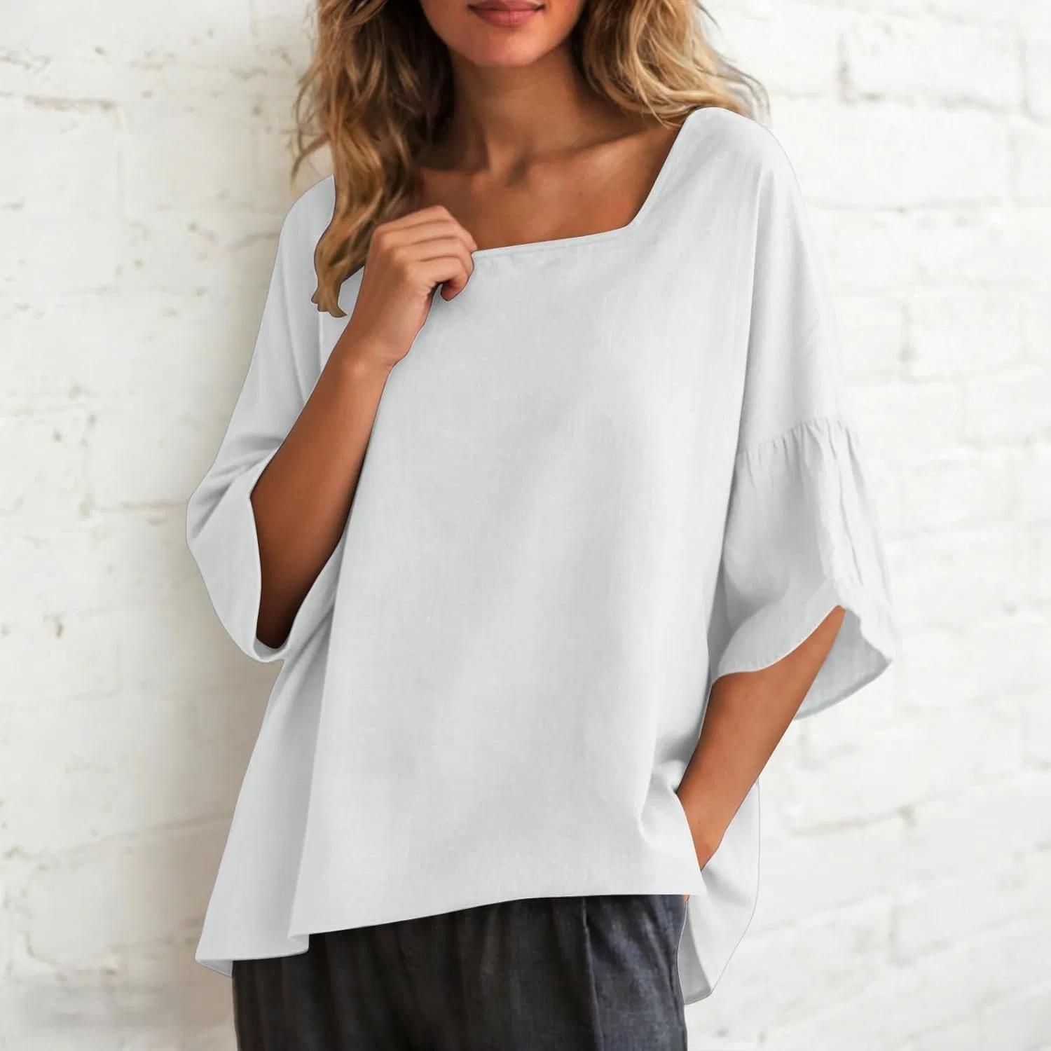 Футболка женская из льна и хлопка, T-Shirt, белый — фото 3