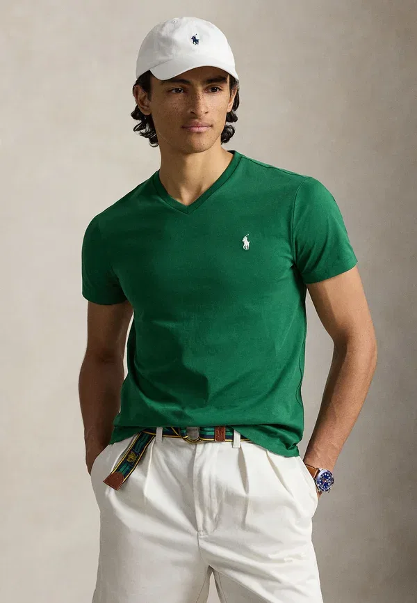 Футболка Polo Ralph Lauren Custom Slim Fit Jersey V-Neck Basic T-Shirt, новый лесной