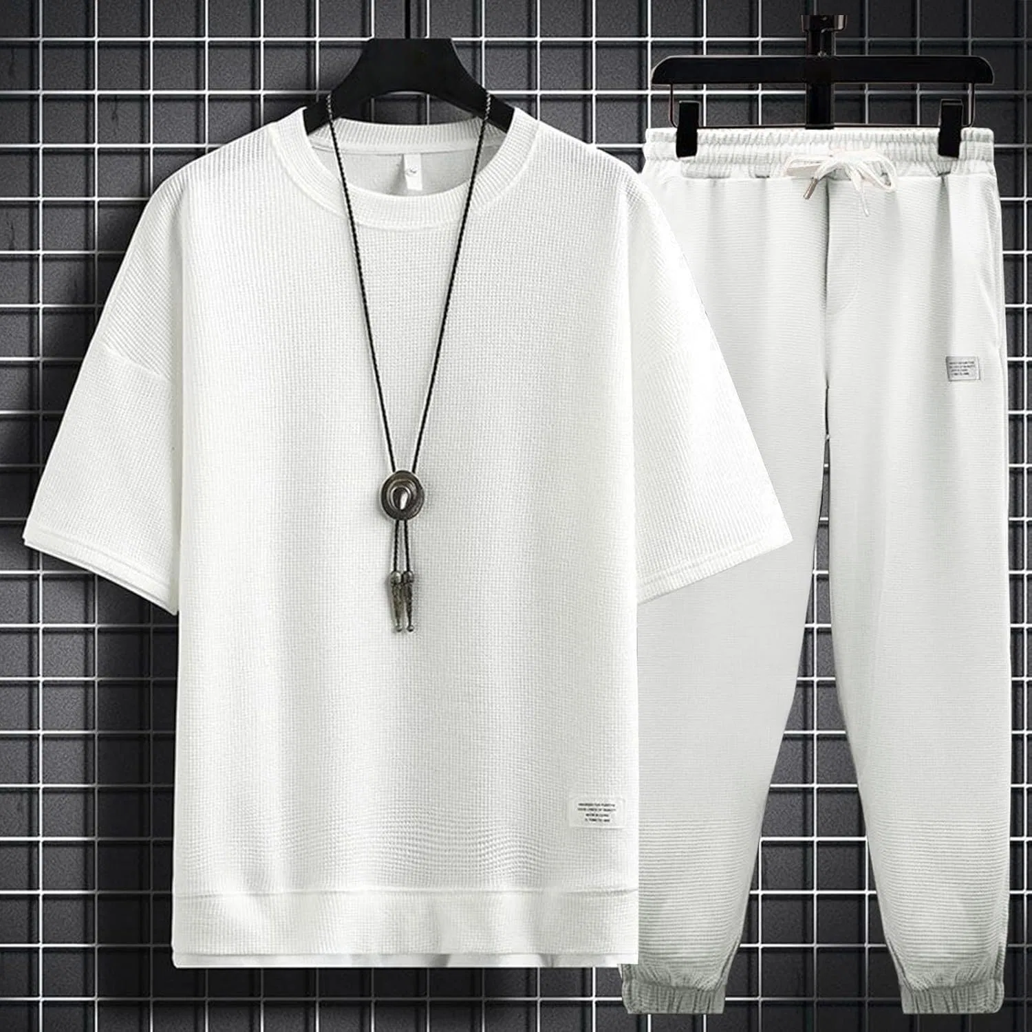 Мужской спортивный костюм из вафельной ткани, 2 предмета, White — фото 4