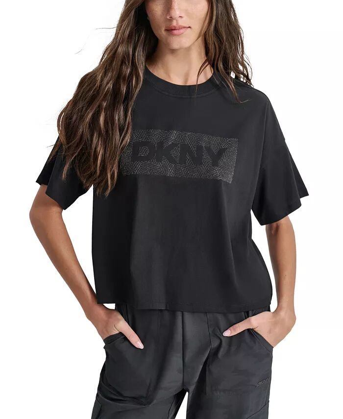 

Женская хлопковая укороченная футболка с принтом из стразов DKNY, черный