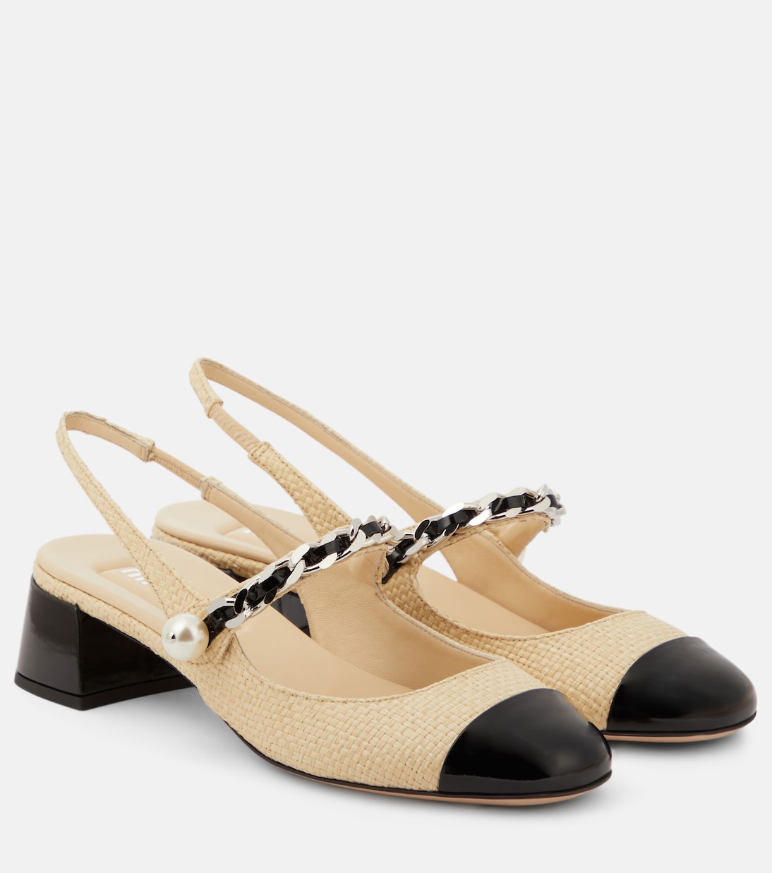 Босоножки-лодочки на шлейках с отделкой из кожи и рафии Miu Miu, Naturale+Nero