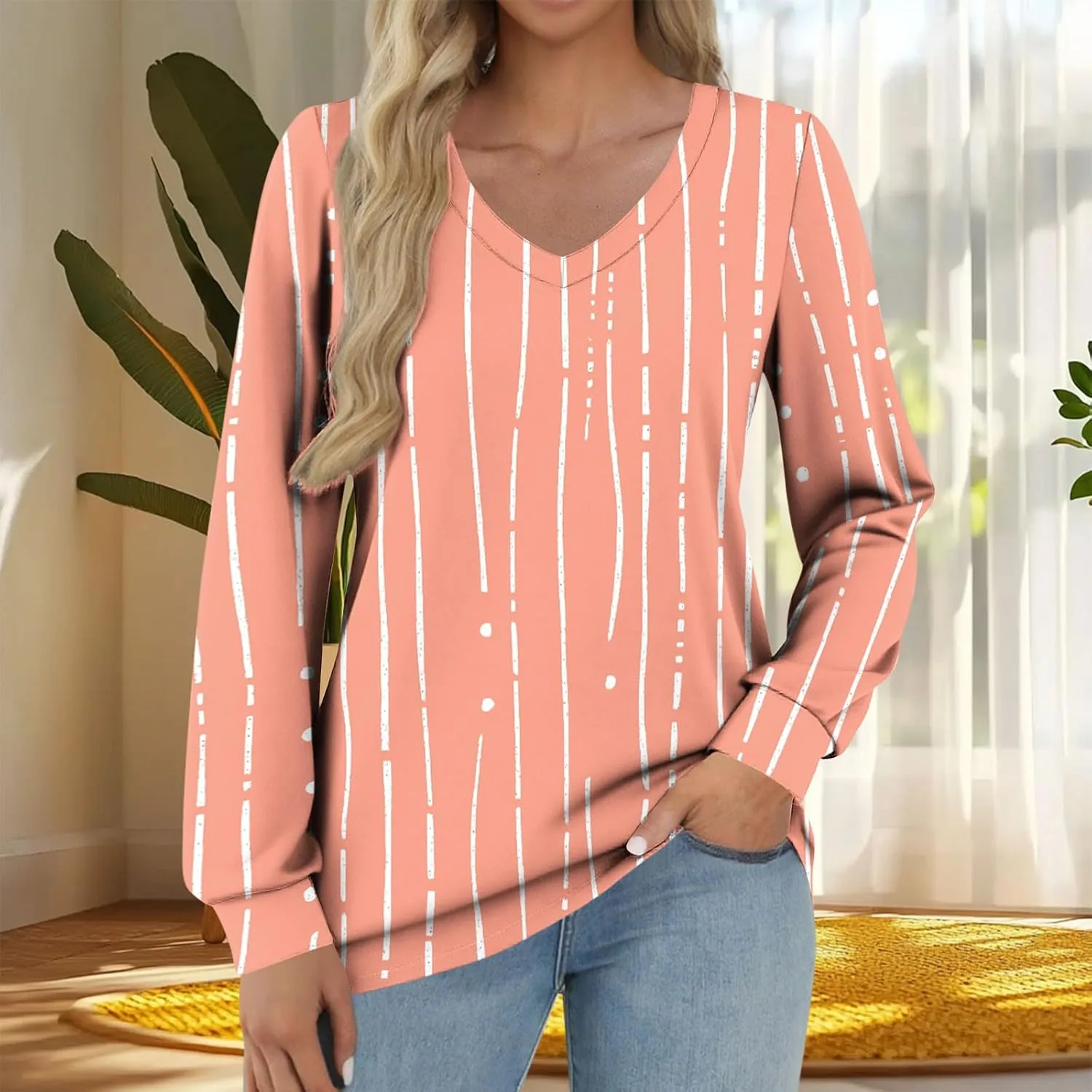 Туника с длинным рукавом и V-образным вырезом Casual Print — фото 2