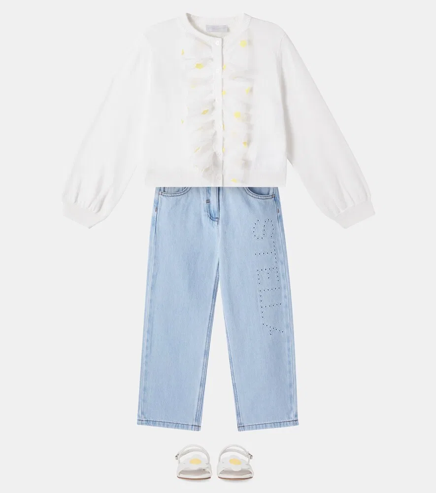 Хлопковый кардиган с цветочным принтом и оборками Stella McCartney Kids, белый — фото 2