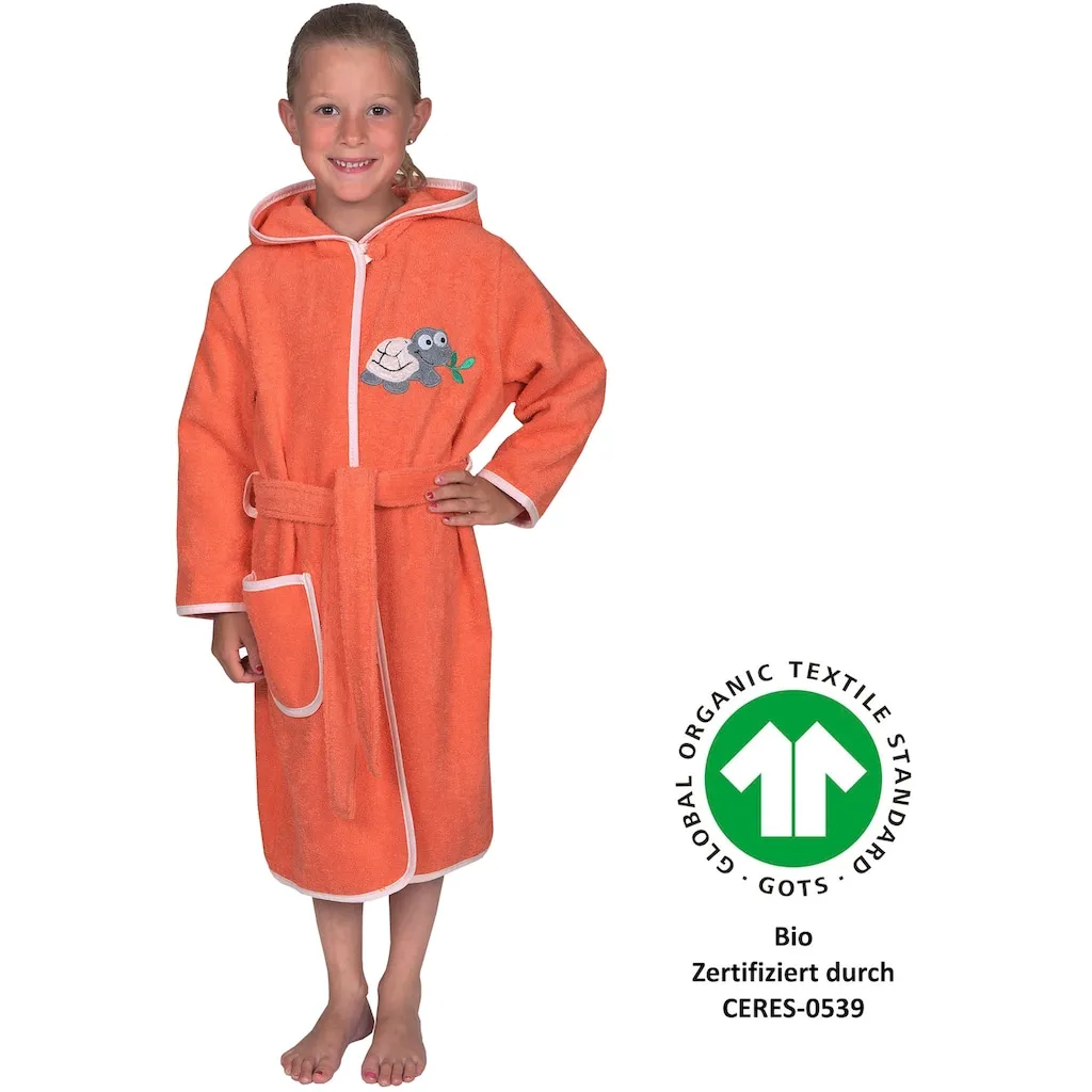 

Детский банный халат Черепаха с вышивкой, с карманом, машинная стирка, подходит для сушки в сушильной машине Wörner, Lachs