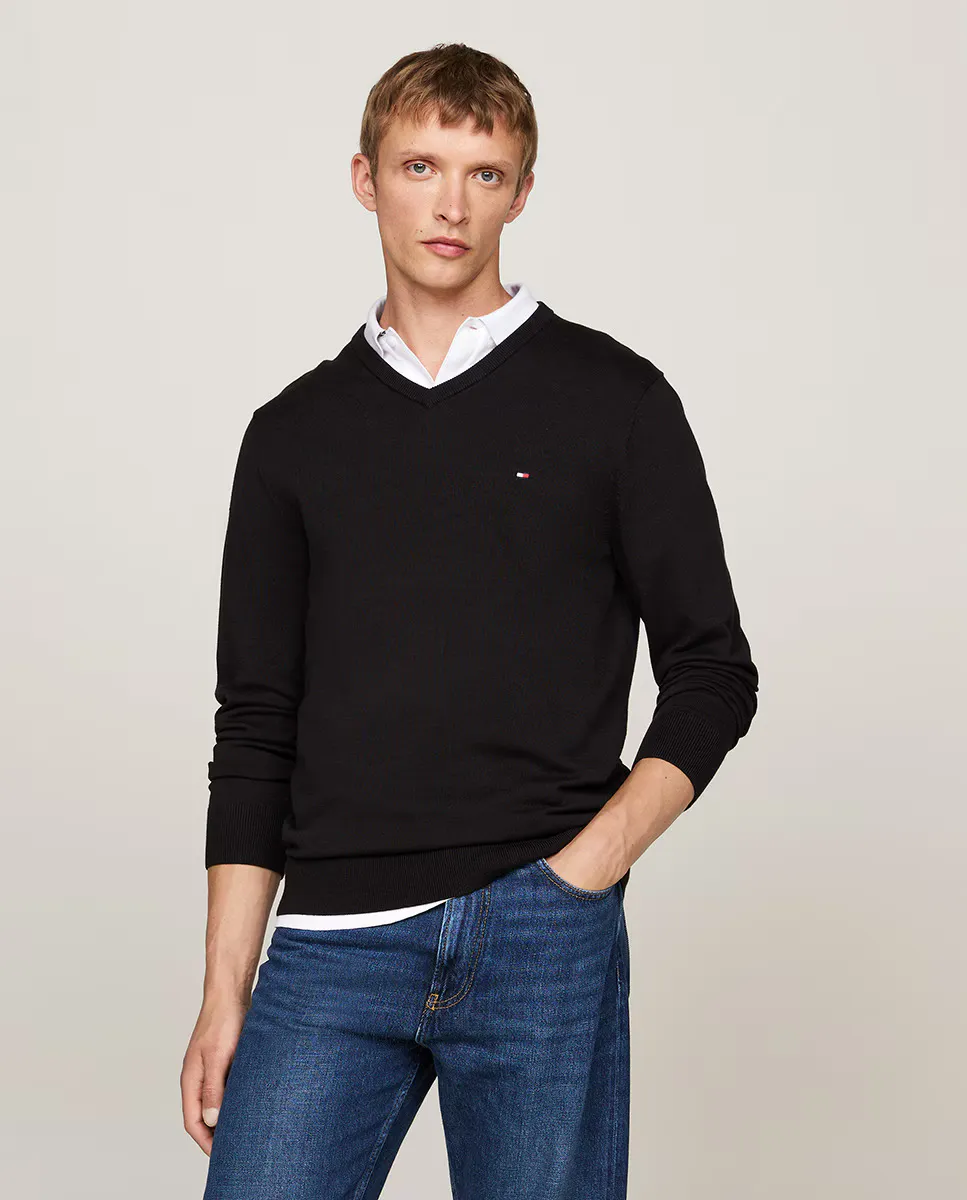 

Мужской однотонный хлопковый свитер с V-образным вырезом Tommy Hilfiger, черный