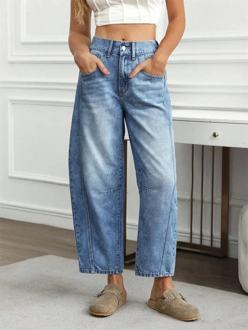 Женские джинсы с высокой талией и широкими штанинами Casual — фото 4