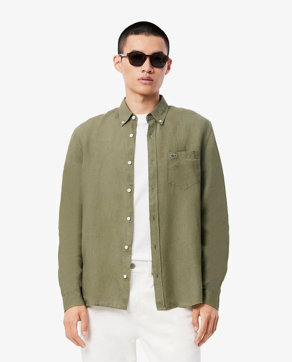 

Мужская льняная рубашка классического кроя с длинным рукавом Lacoste, военный зеленый