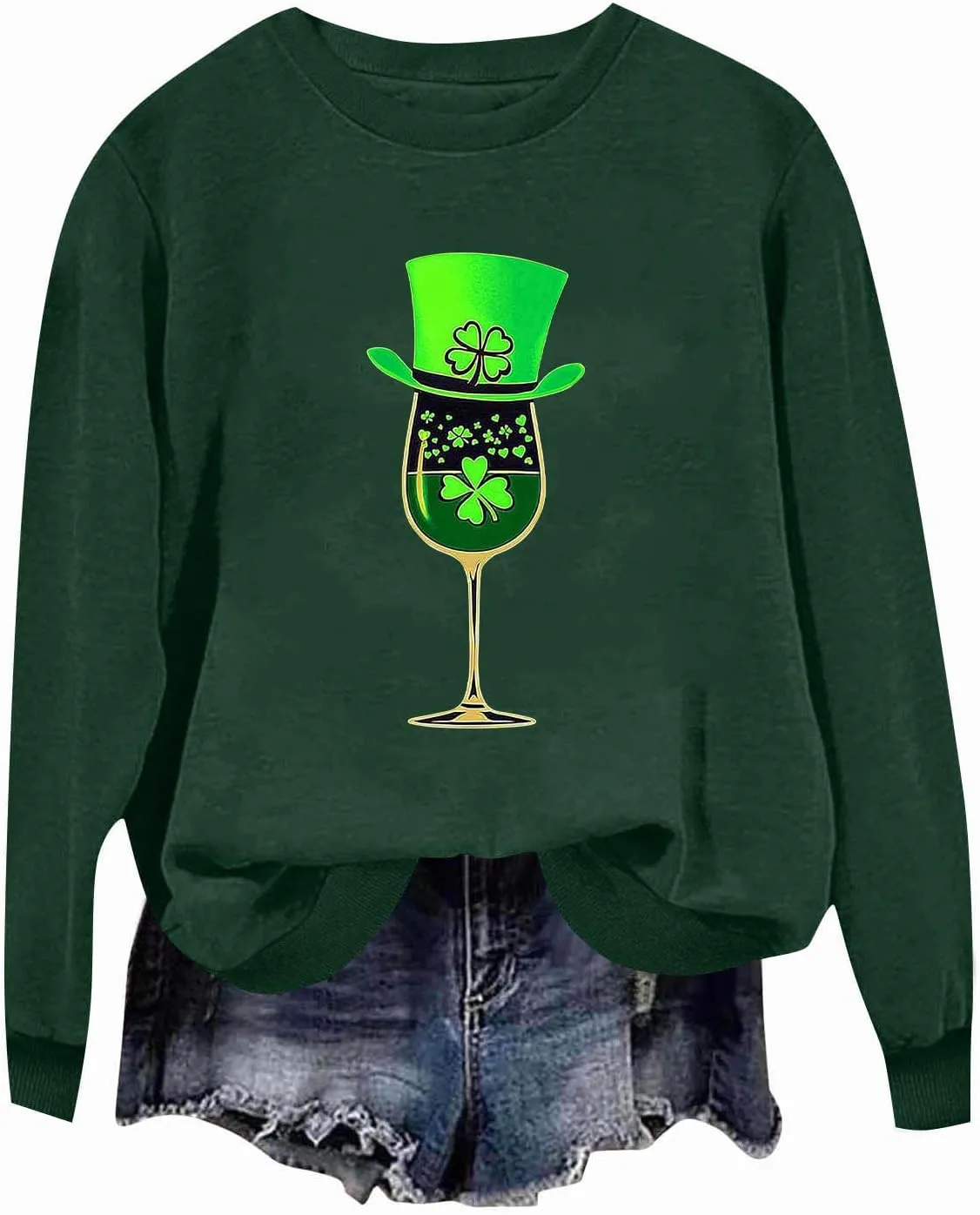 Свитшот St. Patrick's Day для женщин, зеленый, с принтом Wine Glass, длинный рукав, круглый вырез — фото 4