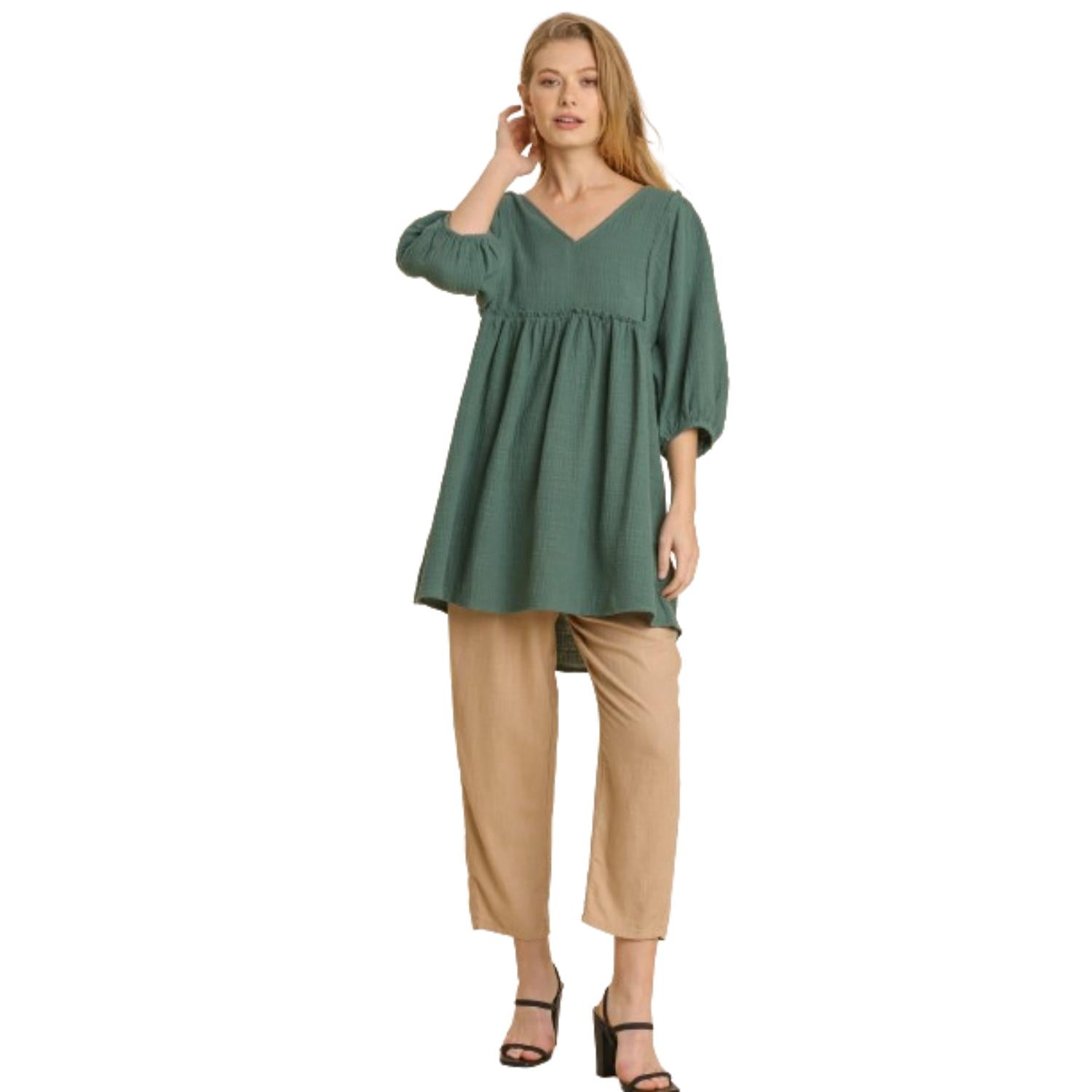 

Туника с V-образным вырезом и ажурными краями из марлевой ткани TRUEDAMES, Seaweed