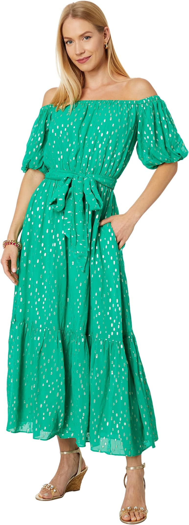 

Платье Lilly Pulitzer Tamie Off-the-Shoulder Midi Dress, цвет Botanical Green Viscose Metallic Clip Dobby