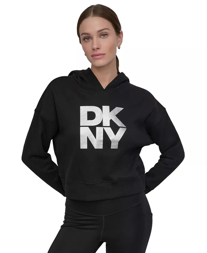 

Женский худи с капюшоном Active Stacked и металлизированным логотипом DKNY, серебряный
