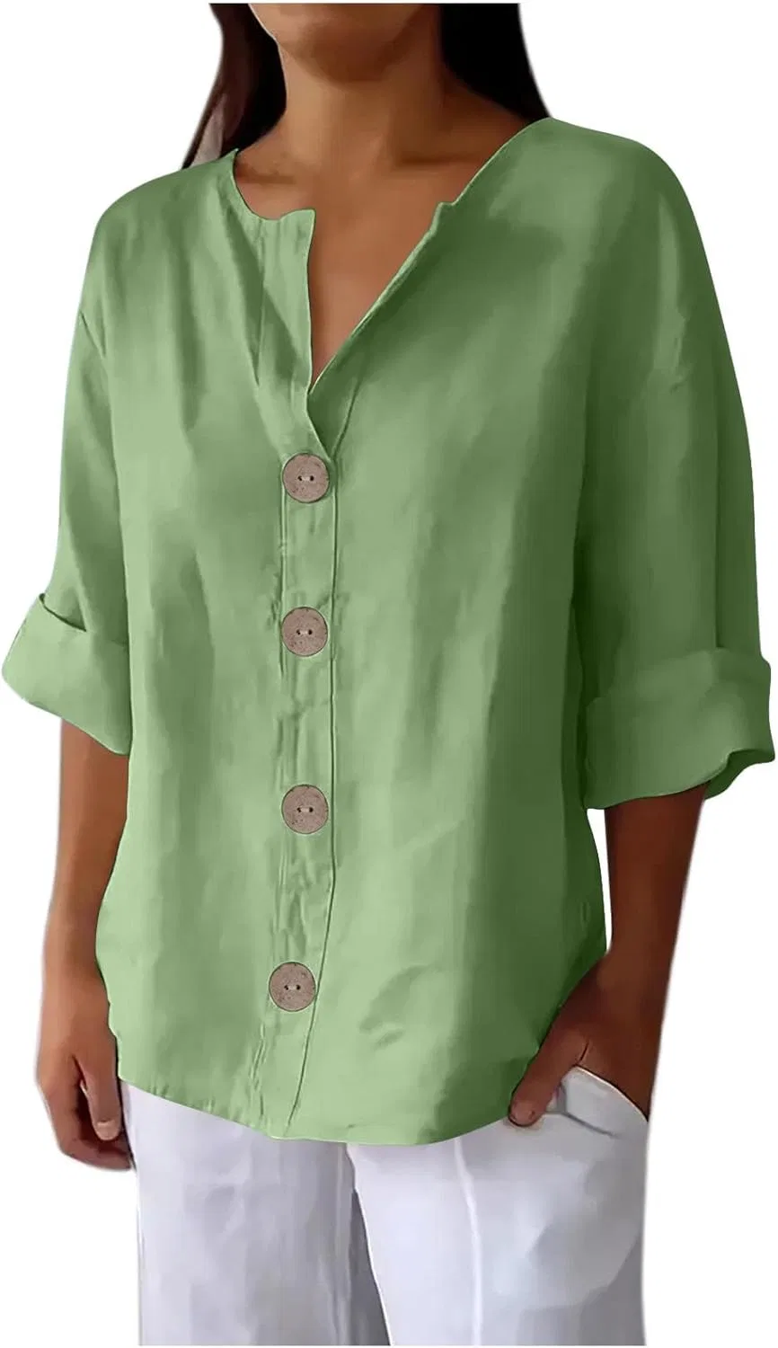 Блуза женская из льна, Оversized, с V-образным вырезом и рукавом 3/4, Green