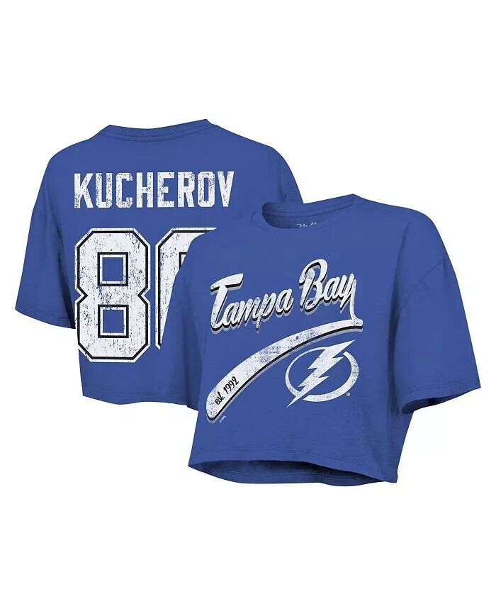 

Женская укороченная футболка Threads Nikita Kucherov Royal Tampa Bay Lightning Behind the Net Boxy с именем и номером Majestic, синий