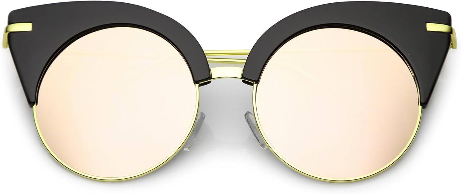 

zeroUV - Солнцезащитные очки в форме «кошачий глаз» с полуободковой оправой, ультратонкими дужками, круглыми зеркальными плоскими линзами, шириной линз 54 мм, Black Gold / Pink Mirror